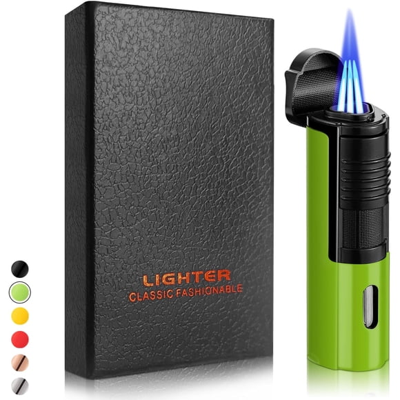 Torch Lighter Triple Jet Flame Refillable Butane Windproof Lighter with Folding Punch (Without Gas) (Green)