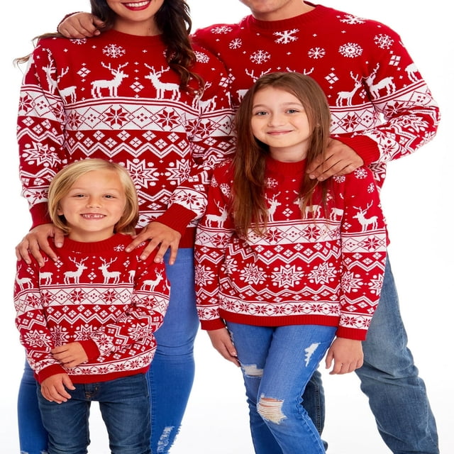 Chandails de Noël Assortis pour la Famille Manches Longues Col Rond Flocon de Neige Pulls Tricotés de Vacances