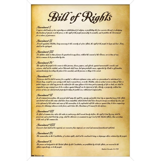 Les États-Unis d'Amérique - Affiche Murale de la Déclaration des Droits, 22,375 Pouces x 34 Pouces, Montrant les Dix Premiers Amendements de la Constitution Américaine en Noir sur Papier Brillant de Style Parchemin, art Mural Convenant à la Déco de la Maison, aux Résidences Étudiantes Ou aux Bureaux, avec Pinces Incluses pour une Suspension Facile.