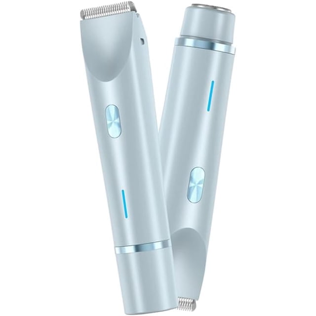 Beauty Bloom V2, Painless Electric Razors for Silk Skin, featuring a dual-head design for face and body grooming. This 2-in-1 women's body shaver is rechargeable with a 400mAh battery, IPX7 waterproof for wet and dry use, and includes a Type-C charging port. Made with a skin-friendly ABS body and gentle blade net for precise trimming of sensitive areas like armpits, bikini line, and lips. Shown in a sleek, light blue finish with ergonomic controls.