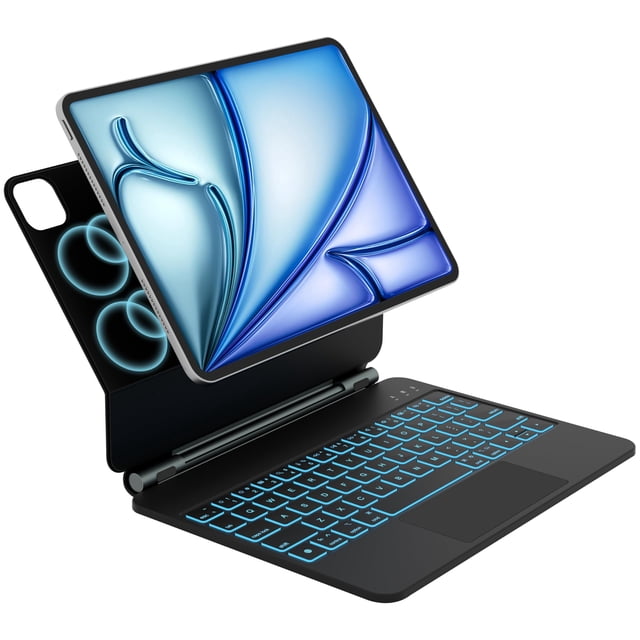 Otuoor Keyboard Case for iPad Air 11 inch (M3 2025 / M2 2024) & iPad Pro 11 inch (4th/3rd/2nd/1st Gen), black, featuring a floating magnetic suspension arm design. Includes a Magic Keyboard with 7-color backlight, 120Hz multi-touch trackpad, and iPad OS shortcut keys for enhanced functionality. Compatible with multiple iPad models, it offers ultra-long battery life and Type-C charging for convenience.