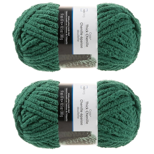 MAINSTAYS 2 Pack Forest Green Thick Yarn with two skeins of soft polyester chenille yarn in forest green, each 10.5 ounces and 97 yards long, ideal for knitting or crocheting warm, bulky projects like scarves and blankets, also suitable for cozy home crafts.