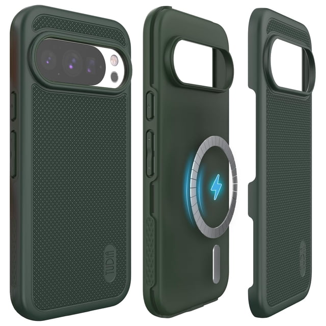 TUDIA MergeGrip case for Google Pixel 10 and Pixel 10 Pro in pine green, offering military-grade protection with ToughRhino Technology. The dual-layer design combines a shock-absorbing TPU inner layer and durable polycarbonate outer shell. Features include raised edges for screen and camera protection, textured non-slip grip, MagSafe compatibility, and precise cutouts for easy access to ports. Shown from multiple angles, highlighting its slim profile and wireless charging support.