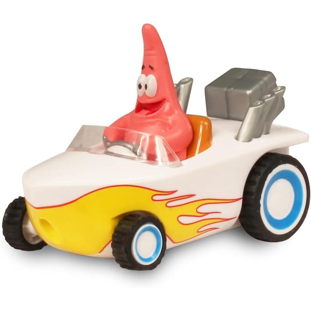 NKOK Patrick Hot Rod Boat - Pull Back is a white and yellow pull-back toy boat with red flame decals, featuring a red Patrick Star figure from Nickelodeon's Spongebob Squarepants. It has black wheels with blue rims and a silver engine detail at the rear, suitable for fast, portable play.