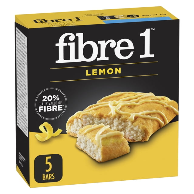 Fibre 1™ Delights - Lemon Flavour Bars box featuring five soft baked lemon-flavored cereal bars with lemon icing drizzle, offering 20% daily value of fibre per serving, suitable for quick snacks or active lifestyles.
