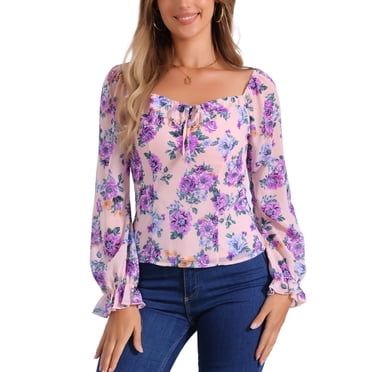 INSPIRE CHIC Women's Floral Smocked Top Elegant Puff Long Sleeve Square Neck Blouse XL Pink