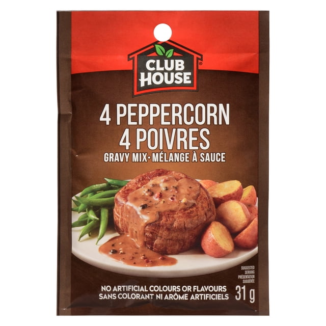 Club House Mélange pour Sauce aux 4 Grains de Poivre, Pochette de 31 g avec Emballage Brun et Rouge, Comprenant un steak Garni de Sauce aux Grains de Poivre, de Haricots Verts et de Pommes de Terre Rôties dans une Assiette Blanche, Étiqueté en Anglais et en Français Sans Colorants Ni Arômes Artificiels, Convient pour Rehausser des Sauces Maison.