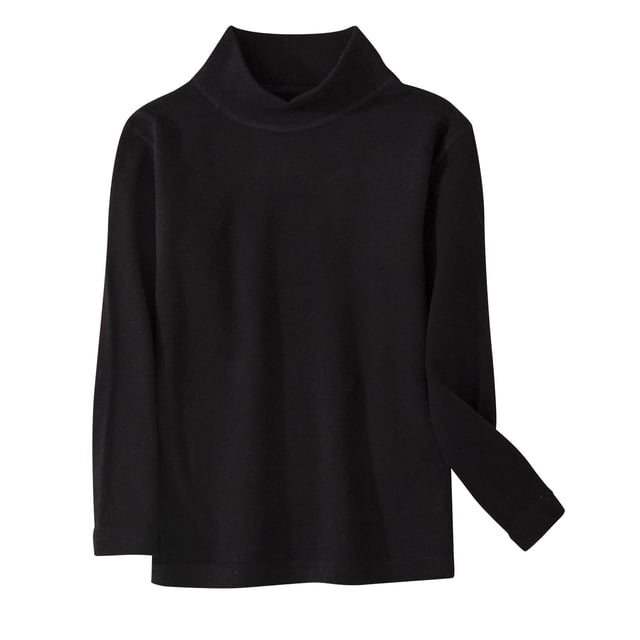 MeetoTime Little & Big Kids Soft Long Sleeve Mock Turtleneck Shirt in solid black color. Crafted from lightweight, breathable fabric with a soft texture, this versatile undershirt serves as a comfortable base layer or casual top. Features a mock turtleneck collar and long sleeves, ideal for layering or standalone wear during various activities.