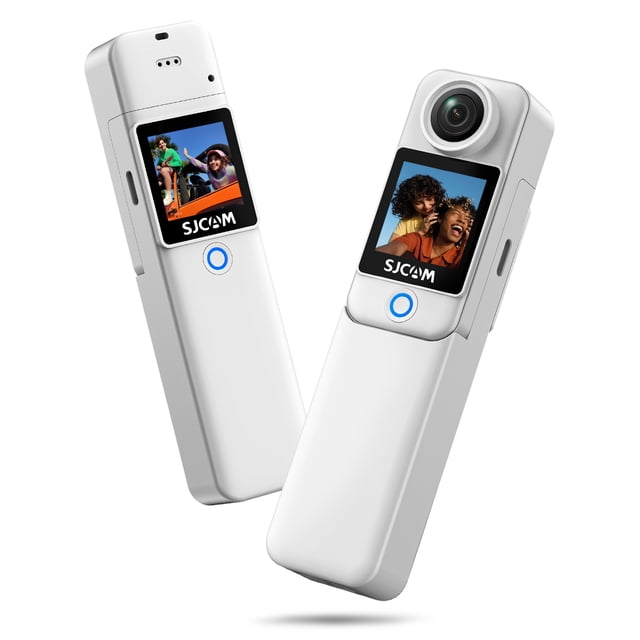 SJCAM C300 Action Camera in white with dual 1.3-inch touch screens, a 154° wide-angle lens, and 4K 30FPS video resolution. Designed for sports and action photography, it features 6-axis gyro stabilization, 30m waterproof capability, and 8X digital zoom. The sleek vertical design displays vibrant images on the screens.