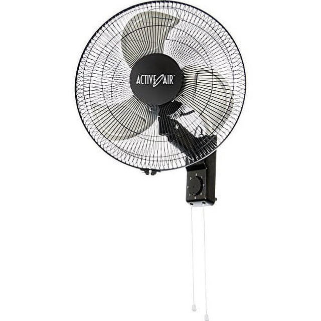 Active Air ACFW16HDB Heavy Duty Wall Mount Fan, Black 16-inch oscillating fan with a durable steel frame and aluminum blades. Features 3 speeds, including a high speed of 1350 RPM, side-to-side oscillation, and tilt functionality for enhanced air circulation. Built for continuous operation with a quiet 80-watt motor and 120-volt power, ideal for industrial and indoor use.
