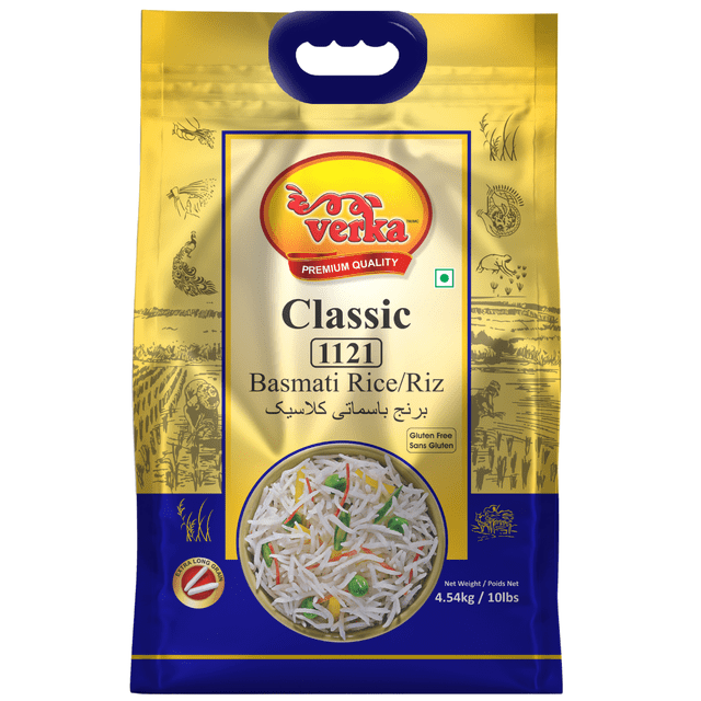 Verka Classic 1121 Basmati Rice, 10lbs bag with yellow and blue packaging, featuring the Verka logo and gluten-free label, showing extra-long grains in a bowl of cooked rice with peas and carrots, known for its fluffy texture and ideal for biryani and pilaf dishes.