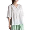 thumbnail image 1 of Pisexur Haut à Manches Courtes à Col Rond Brodé Rétro à la Mode pour Femmes, Hauts pour Femmes, Blouses Habillées Décontractées, Hauts pour Femmes Blanc, 3TG, 1 of 4