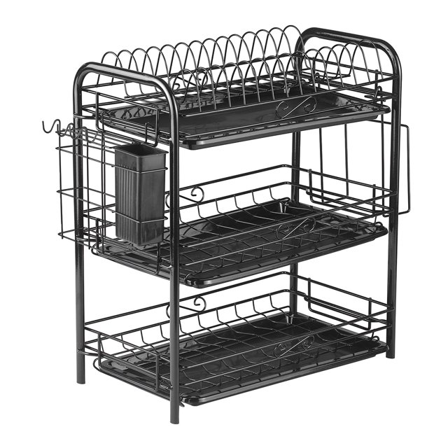 Amdohai 3-Tier Rustproof Dish Drying Rack Carbon Steel Dish Rack Multifunctional Organizer Dish Drainer with Drainboard Hooks Utensil Holder