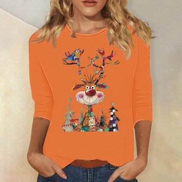 Meichang T-Shirts de Noël Amusants pour Femmes, Imprimé Renne de Noël, Manches 3/4, Hauts Décontractés à Col Rond, Coupe Ample, T-Shirts de Noël pour Femmes