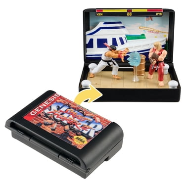 Console Heroes: Street Fighter II Collectible Diorama – Mini Ryu & Ken Figures with Dock Stage Scene – Retro Sega Genesis Cartridge Display – Official Capcom Licensed – Ages 8+