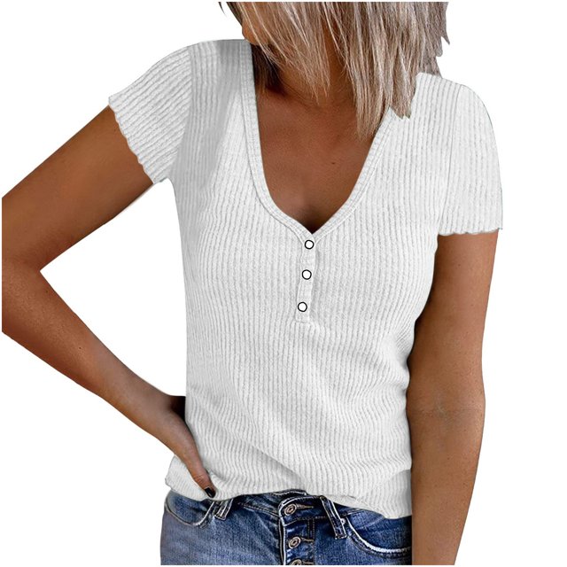Ribbed Shirts Tops Women Summer - Womens Short Sleeve Ribbed Tops Basic Knit Shirts Button V Neck Casual Summer Tshirt