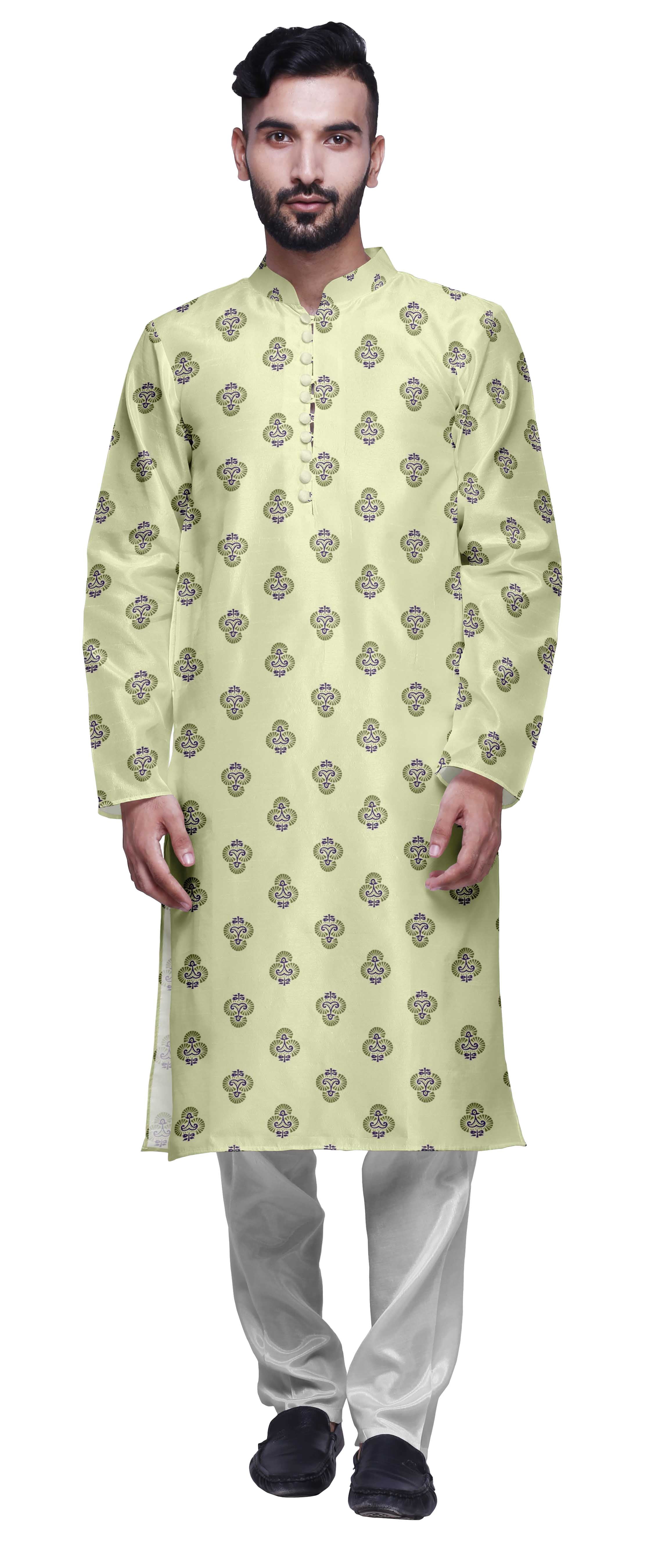 Atasi Printed Mens Kurta & White Churidar Pyjama Set Mandarin Neck Ethnic Wear
