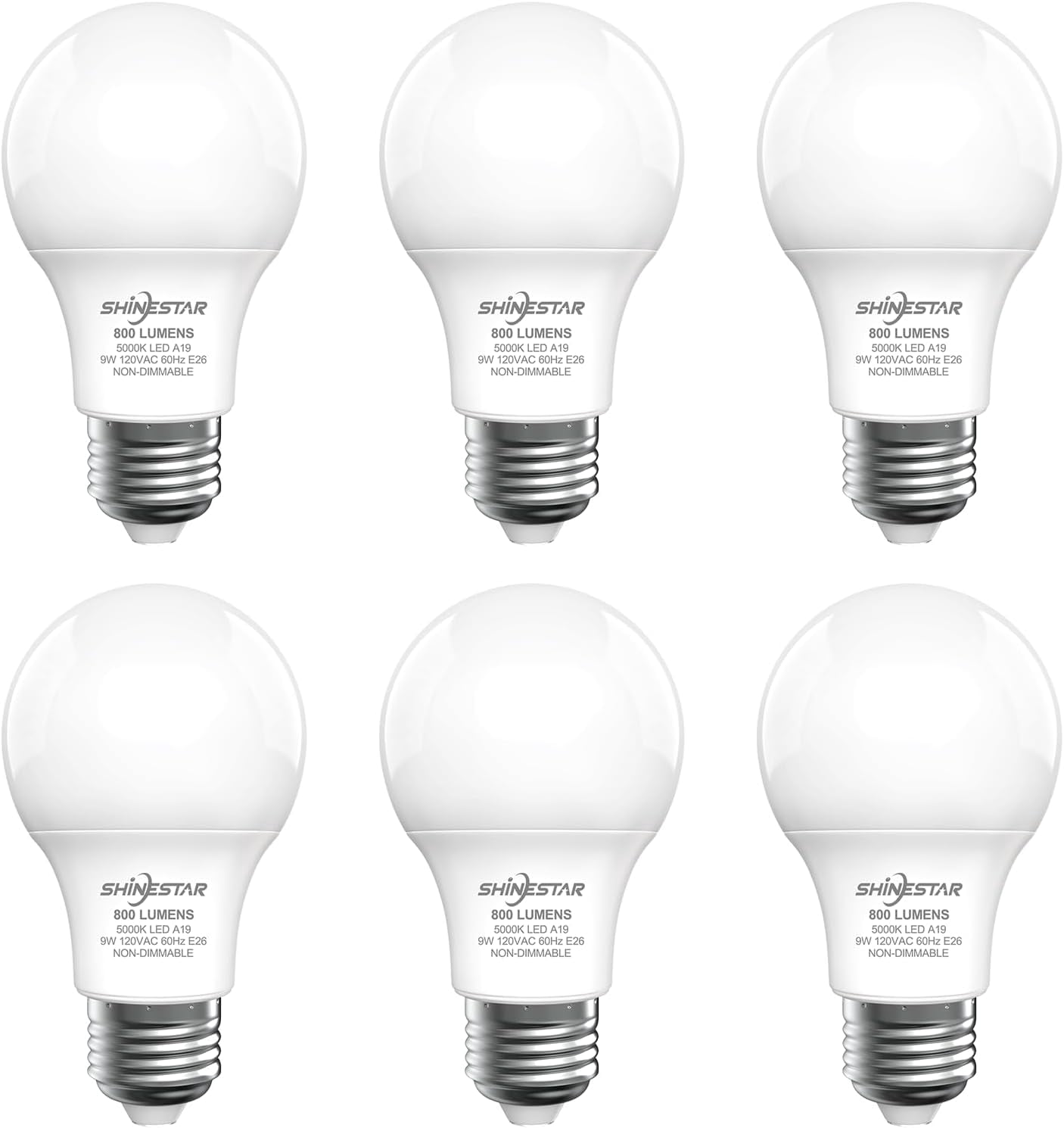 SHINESTAR A19 LED Light Bulb 60W Equivalent 5000K Daylight White E26 Base 6-Pack