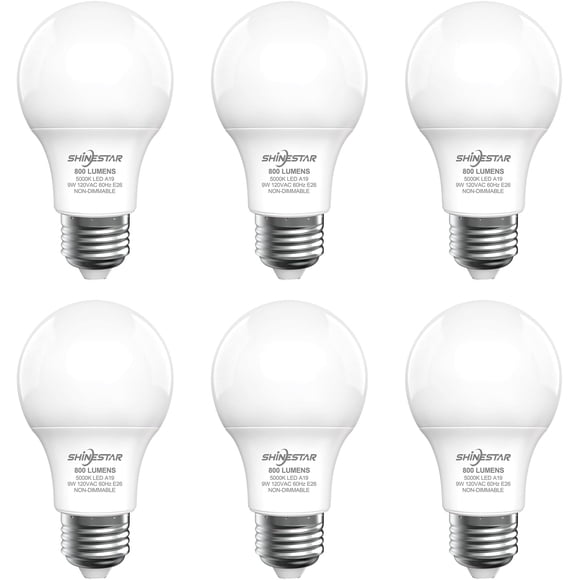 SHINESTAR A19 LED Light Bulb, 60 Watt Light Bulbs 5000K Daylight White, E26 Standard Base, Non-Dimmable, 6-Pack