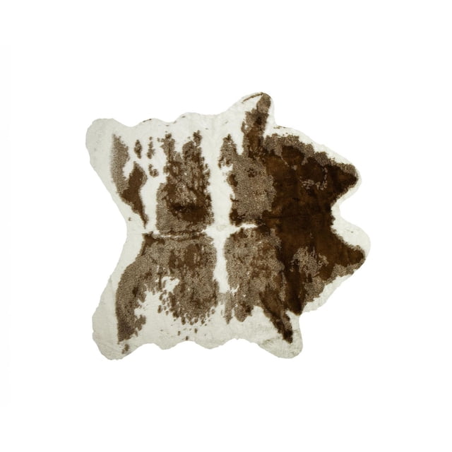 H-Luxe Faux Fur Cowhide Rug with an irregular shape and white base featuring brown mottled patches, crafted from soft acrylic plush with low pile and supple sheen, ideal for adding texture and warmth to indoor living spaces and suitable for use with a rug pad.