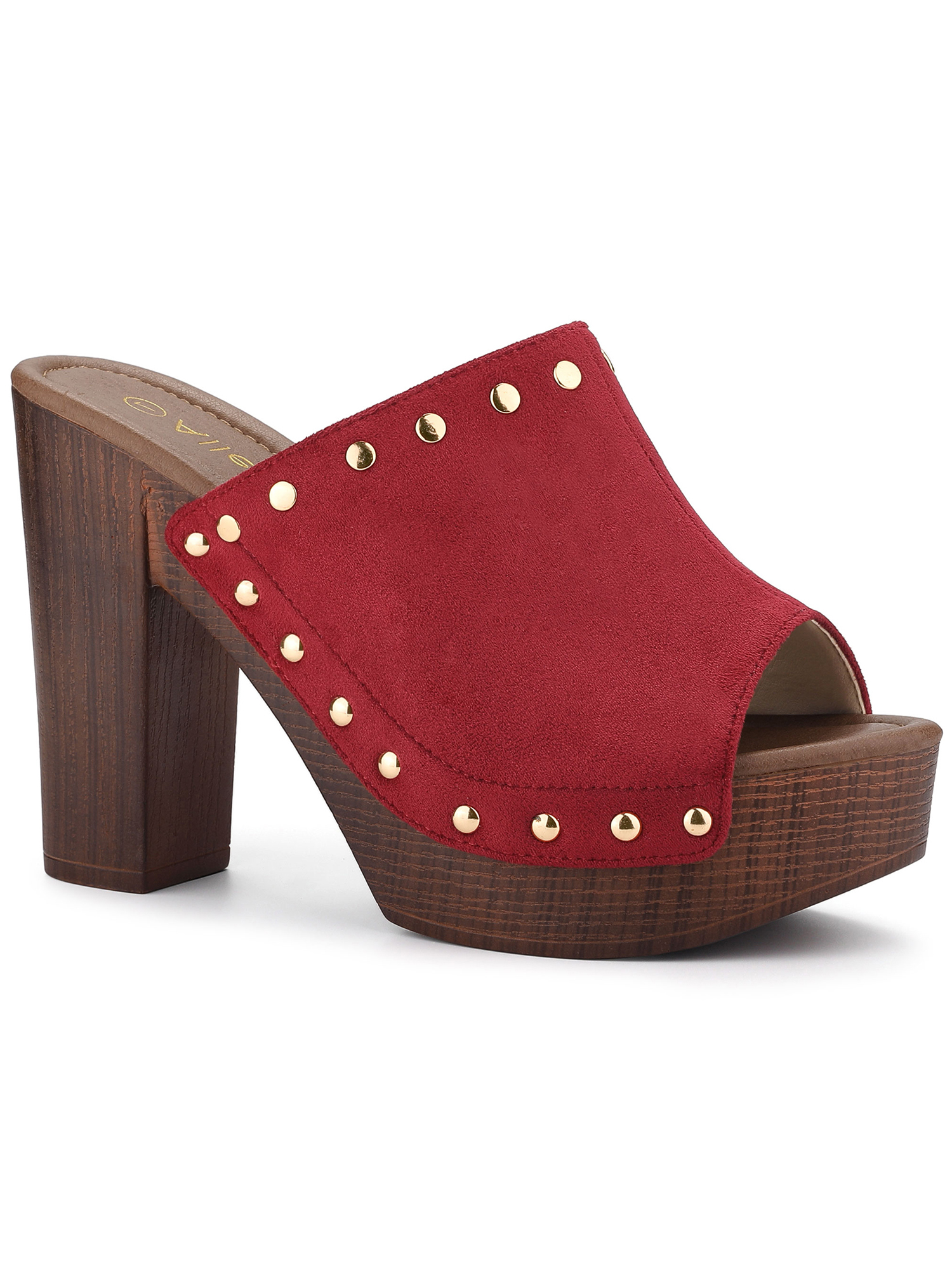 BLISSFUL STEP Women's Shoes Platform Chunky Heels Open Toe Rivet Faux Suede Slides Sandals Red 5.5