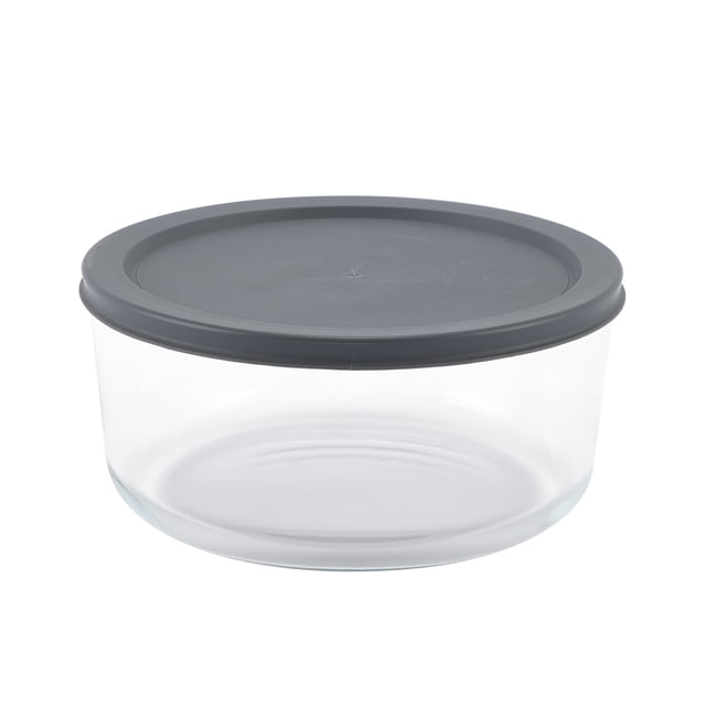 Mainstays Round Glass Food Storage Container with PE Lid 1.6 L, clear borosilicate glass container with a dark gray PE lid, oven safe up to 752°F without lid, microwave, freezer, and dishwasher safe, BPA free and FDA approved, ideal for fresh food storage and meal preparation.