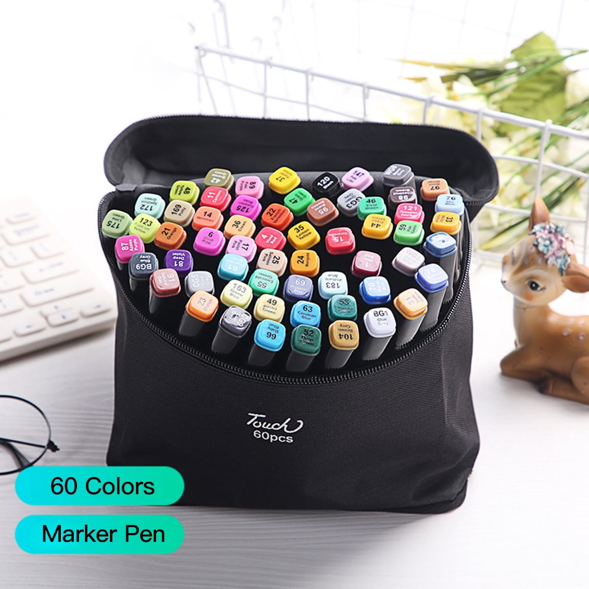Amdohai 60 Colors Art Markers Set Double Tip Broad Fine Point Marker Pen with Carrying Bag Art Supplies for Students Adults Artists Drawing Coloring Sketching Design