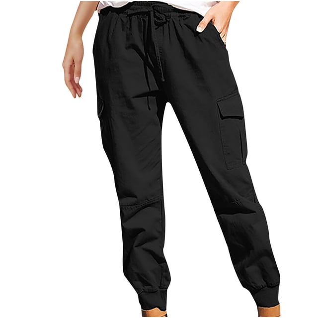 Yuyuzo Womens Cargo Pants High Waisted Elastic Drawstring Cinch Bottom Loose Casual Solid Color Trackpants with Pockets