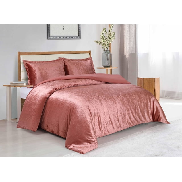 Swift Home Solid Crushed Velvet Duvet Cover Set in dusty rose colour on a wooden bed with cream upholstered headboard, featuring soft crushed velvet fabric with subtle sheen and matching pillow shams, styled in a bright bedroom with light wood floors and sheer curtains, ideal for adding warmth and luxury to bedding.