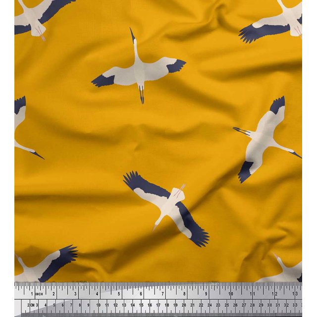 Soimoi Gold Poly Georgette Fabric Flying Stork Bird Print Fabric by Yard 42 Inch Wide