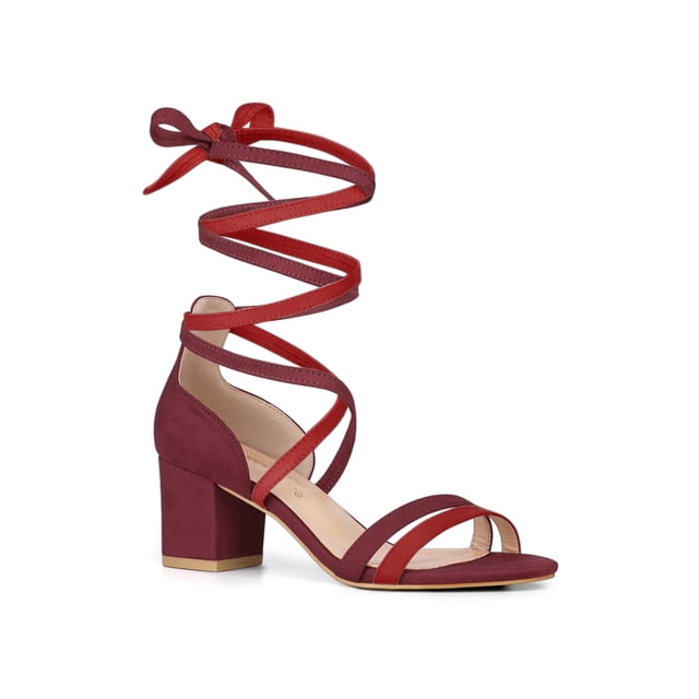 BLISSFUL STEP Women's Open Toe Color Block Heel Lace Up Sandals Burgundy Red (Size 7.5)