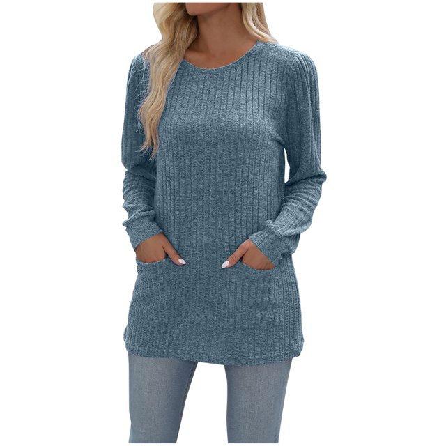 FAIWAD Tunique pour Femme à Col Rond, Manches Longues et design Côtelé Uni en Tissu polyester Léger. Ce Haut à Enfiler Coupe Décontractée avec Deux Poches avant, le Rend Adapté aux Sorties Décontractées, à la Superposition Ou à la Mode d'Automne et d'Hiver.
