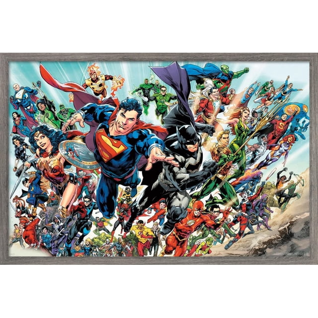 DC Comics - La Ligue des Justiciers Rebirth - Affiche Murale de Groupe, 14,725 Pouces x 22,375 Pouces, Montrant un Groupe de Superhéros DC Orienté vers l'Avant, Incluant Superman en Bleu et Rouge, Batman en Noir et Gris, Wonder Woman avec Épée et Bouclier, Aquaman avec trident, et le Flash en Rouge, le Tout en poses d'Action Dynamiques contre un Ciel Lumineux, Encadré de Bois Gris, Idéal pour la Décoration Murale de la Maison Ou du Bureau et Adapté pour Décorer des Chambres