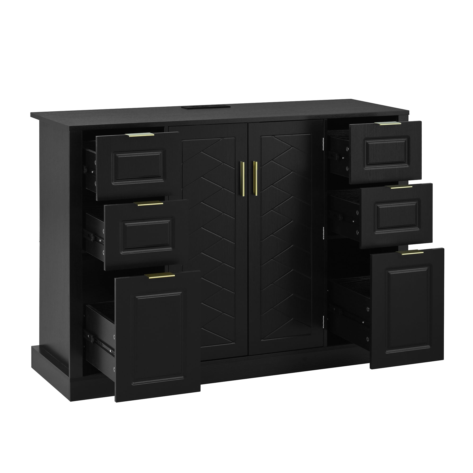 Noble House 47.2" Sideboard Buffet Cabinet with Power Outlet,2 Doors & 6 Drawers,3-Level Adjustable Shelves,Black