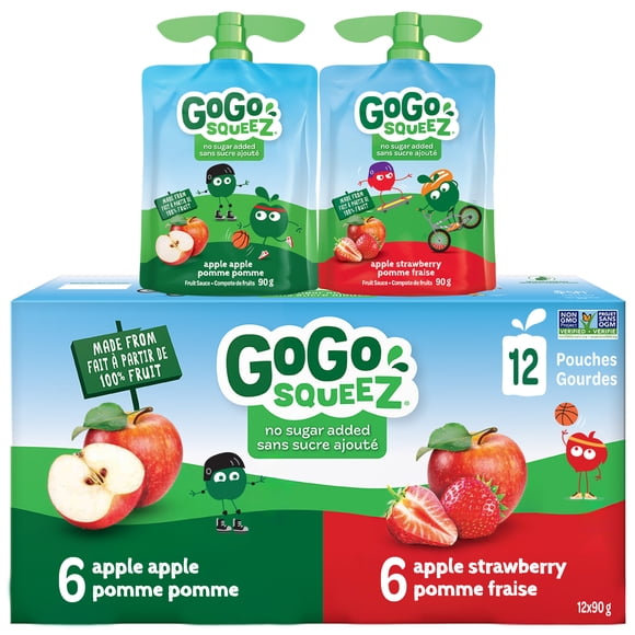 GoGo squeeZ Fruit Sauce Snack Pouches Variety, Apple, Apple Strawberry, No Sugar Added, Box of 12 Pouches