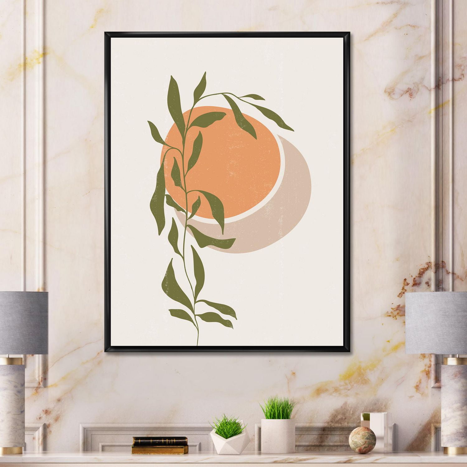 Designart Soleil et lune orange abstraits avec des feuilles tropicales ART MURAL À CADRE FLOTT