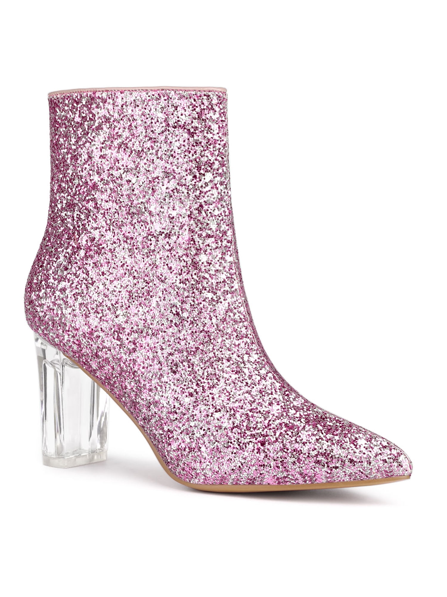 Unique Bargains Women's Clear Block Heel Glitter Ankle Booties
