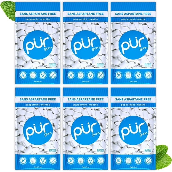 PUR Gum, Peppermint, Aspartame Free, Sugar Free & 100% Xylitol Chewing Gum, 55 Pieces, Pack of 6