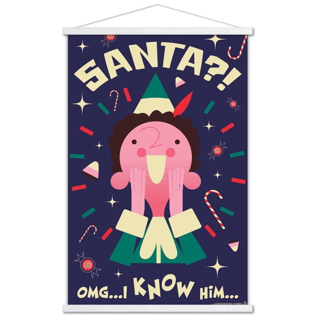 Elf - I Know Him Wall Poster, 14.725" x 22.375" framed, depicting a cartoon elf with a pink face, curly brown hair, green and cream outfit, and green hat with red feather on a dark blue background with candy canes, stars, and sweets, featuring cream text 'SANTA?!' at the top and 'OMG... I KNOW HIM...' at the bottom, suitable for festive home or party décor.