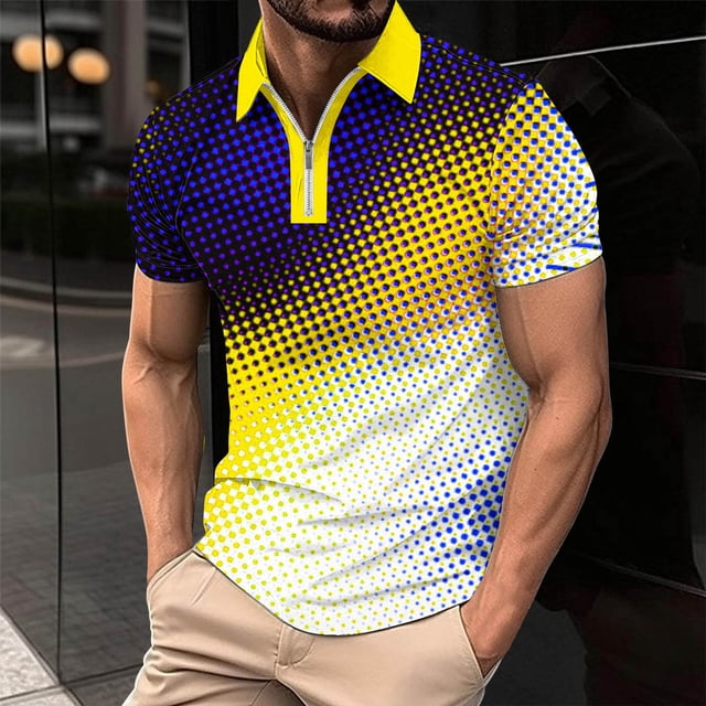 Chemises pour Hommes Décontractées Imprimées Manches Courtes Col Rabattu Fermeture à Glissière T-Shirt Blouse Tops