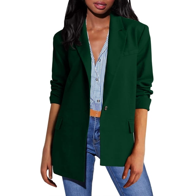 Styesk Blazers for Women Business Casual Outfits Open Front Long Sleeve Blazer Jackets Solid Color Lapel Padded Shoulder Long Suit Jackets Loose Fit Button Work Office Suit Jacket