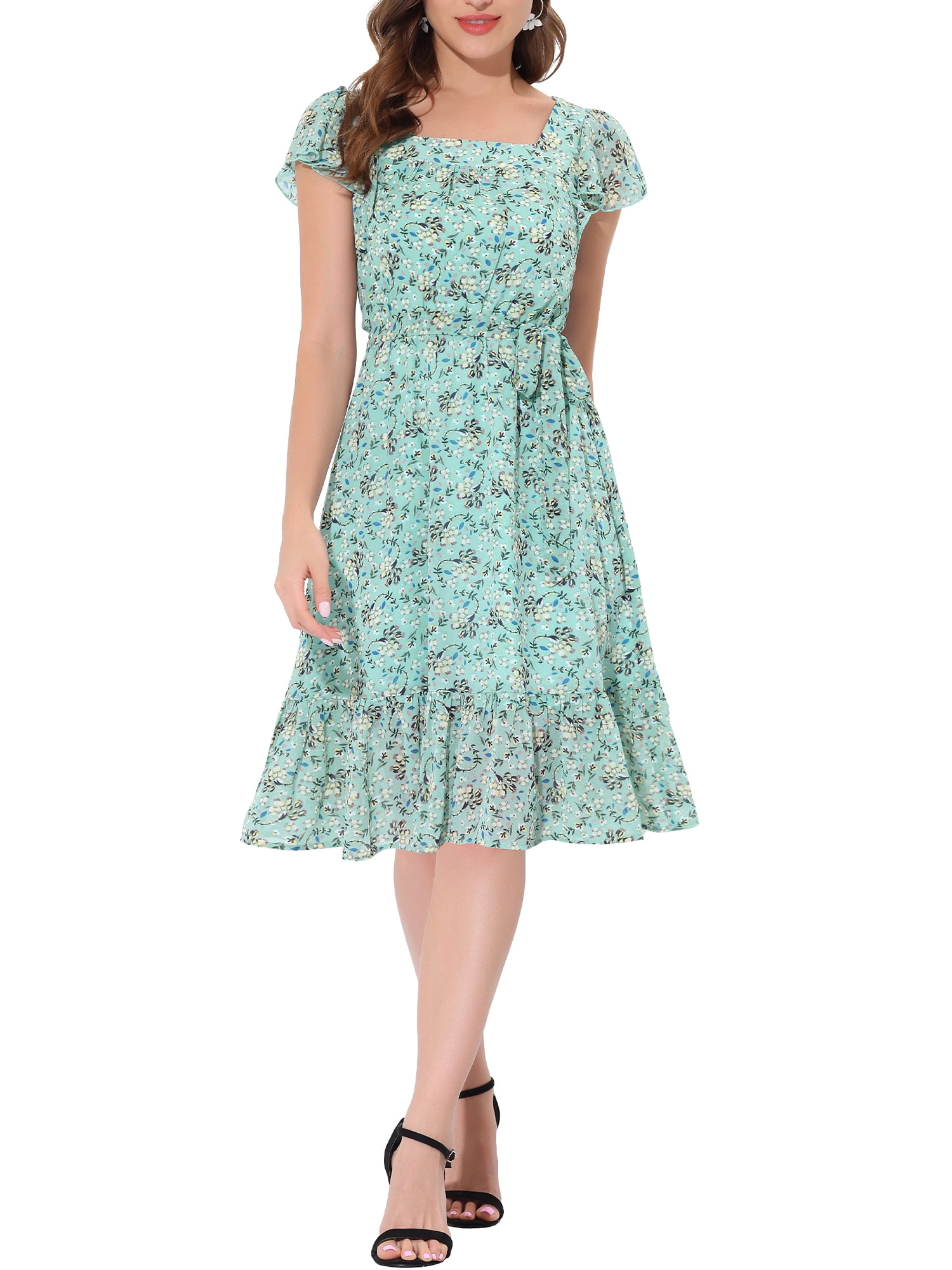 INSPIRE CHIC Women's Dress Floral Square Neck Flutter Cap Sleeves Ruffled Midi Wedding Guest Dress M Green