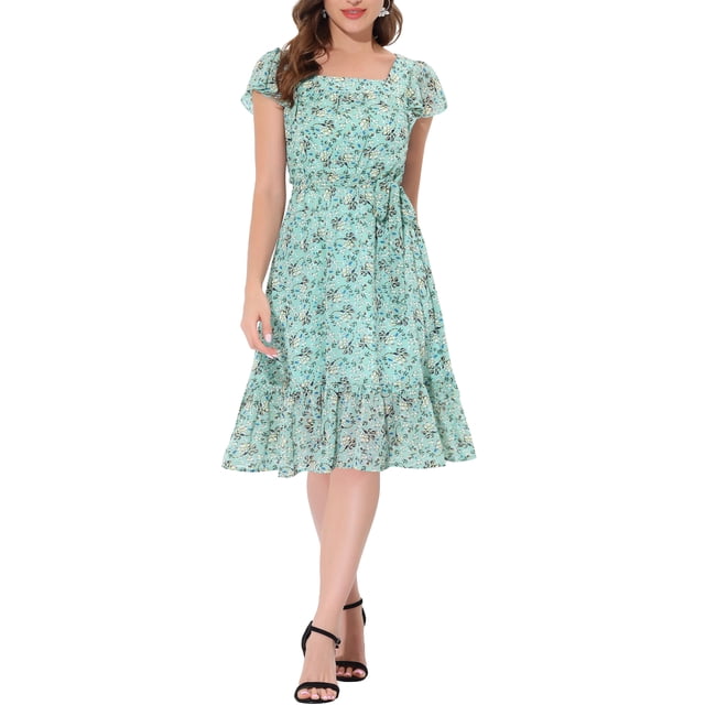 INSPIRE CHIC Robe pour Femme Florale à Encolure Carrée, Manches Volantées Style Cap, Midi à Volants, Robe d'Invitée de Mariage, m Vert