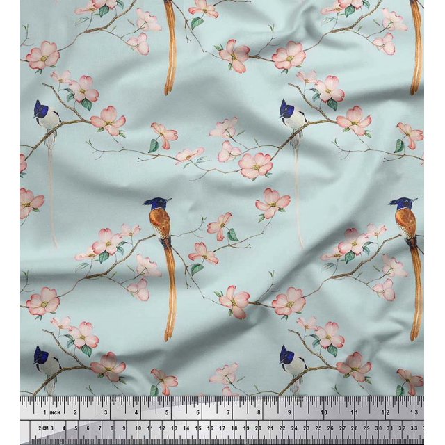 Soimoi Poly Georgette Fabric Leaves,Floral & Paradise Flycatcher Bird Decor Fabric Printed Yard 52 Inch Wide