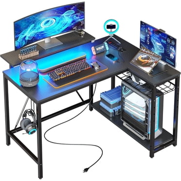 Bestier Petit Bureau de Jeu en L de 42 Pieds' avec Prises de Courant Fibre de Carbone Noir