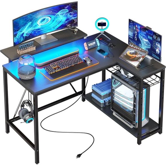 Bestier 42'' Small L Shaped Gaming Desk with Power Outlets Carbon Fiber Black