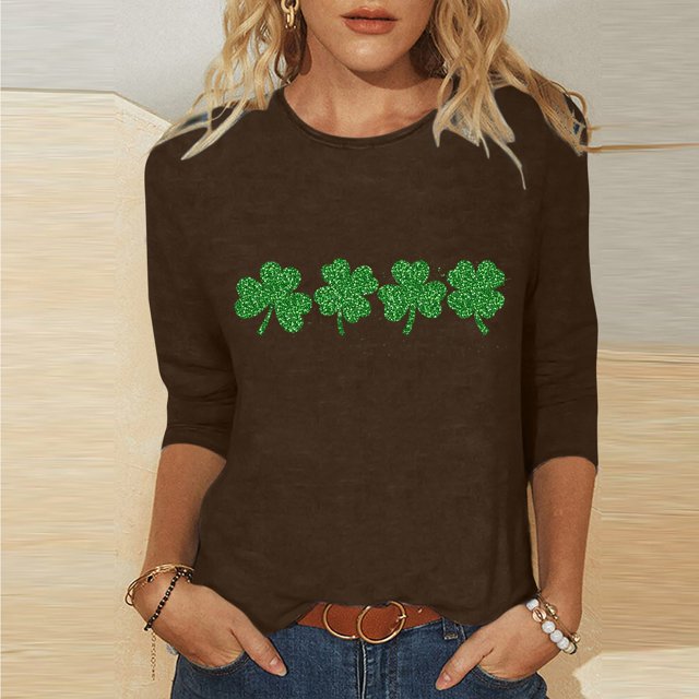 T-Shirt Imprimé pour Dames, Col Rond, Manches Trois-Quarts, Manches 3/4, Coupe Ample