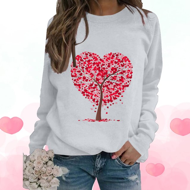 Qertyioot T-Shirt Graphique pour Femmes de la Saint-Valentin à Manches Longues, Haut à Col Rond Imprimé, Chandail Décontracté