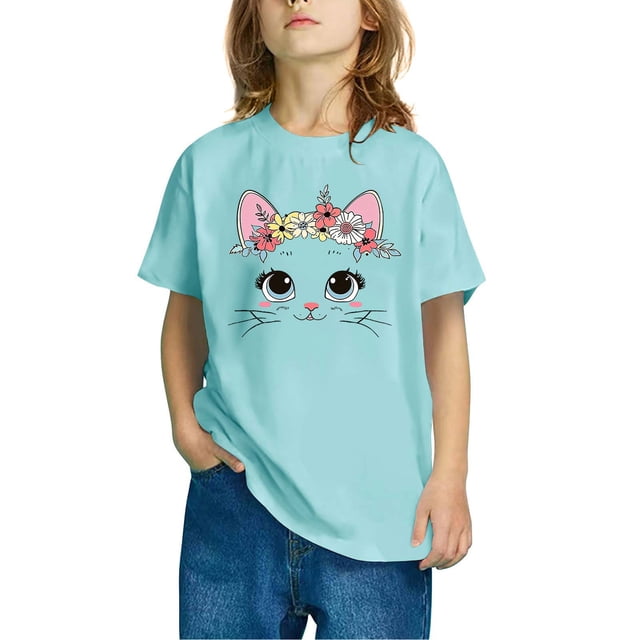 Rbaofujie T-Shirt pour Enfants à la Mode d'Été pour Bébé, Garçons et Filles, à Col Rond, Manches Courtes, Imprimé Chat de Dessin Animé