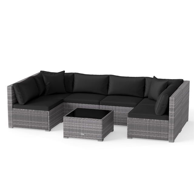 Gymax Set of 7 Patio Furniture Set PE Rattan Sectional Sofas w/ Tempered Glass Coffee Table Black